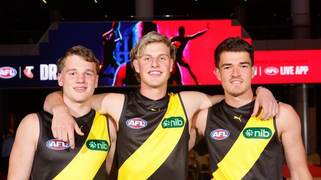 Richmond draft picks, Sam Lalor, Josh Smillie and Harry Armstrong. (Photo by Dylan Burns/AFL Photos via Getty Images)