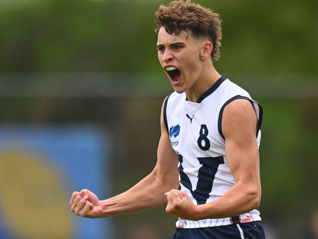 MELBOURNE, AUSTRALIA - June 8: Cody Walker of Vic Country celebrates a goal during the AFL 2024 Under 16 Boys Championships match between Vic Metro and Vic Country at Trevor Barker Beach Oval on June 08, 2024 in Melbourne, Australia. (Photo by Morgan Hancock/AFL Photos)