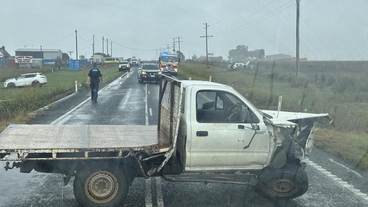 Both lanes of the New England Hwy near Nobby have been closed after a three-vehicle crash occurred just after midday on Tuesday, March 26, 2024. Photo: Supplied