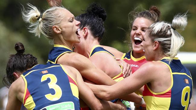 The Crows have had plenty of reasons to celebrate in the AFLW’s inaugural season. Picture: Sarah Reed