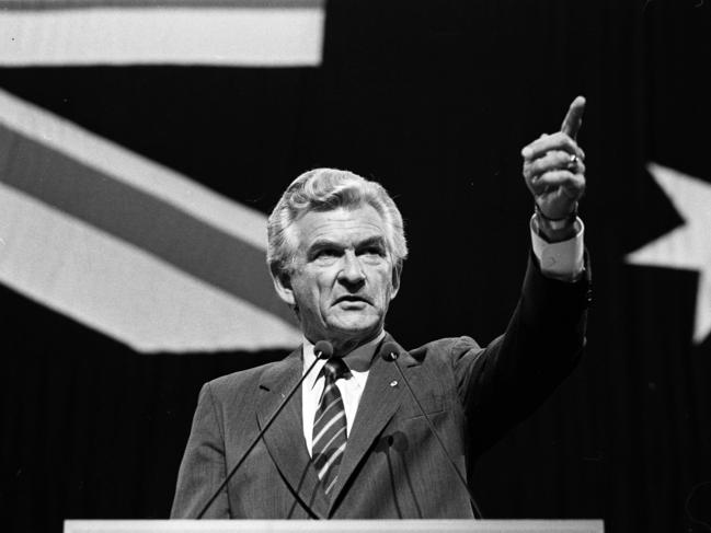 Labor Prime Minister Bob Hawke giving his ALP policy speech at the Sydney Opera House, 23/06/87 (1987). Pic Barry McKinnon, News Ltd archives.