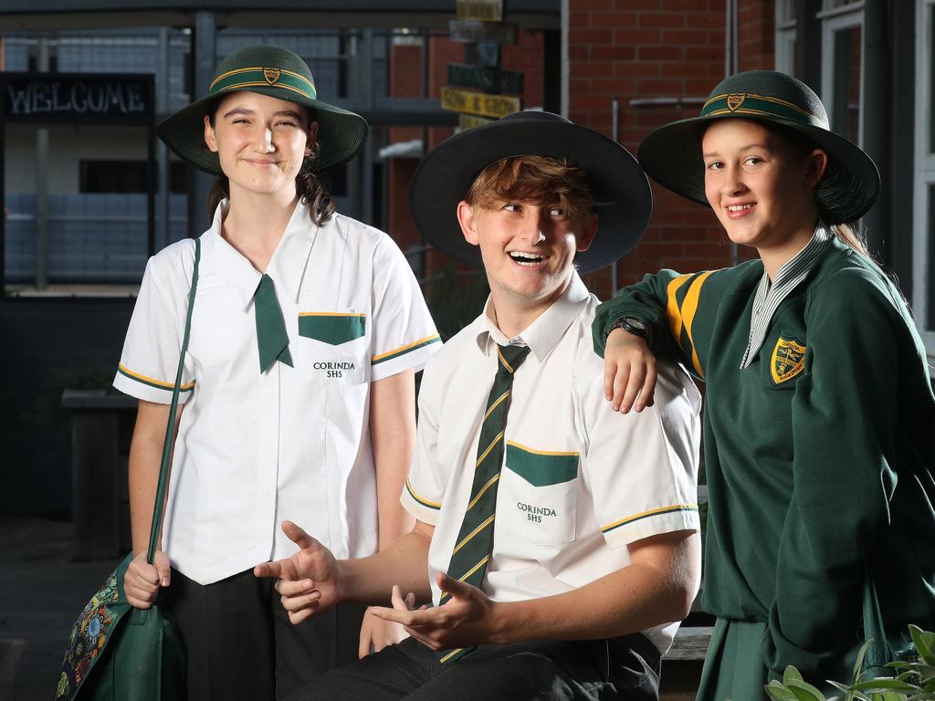 Students Mia Ferguson, Fletcher Doyle, and Genevieve McNie at Corinda State High School where they are using YONDR phone locking pouches. Picture: Liam Kidston