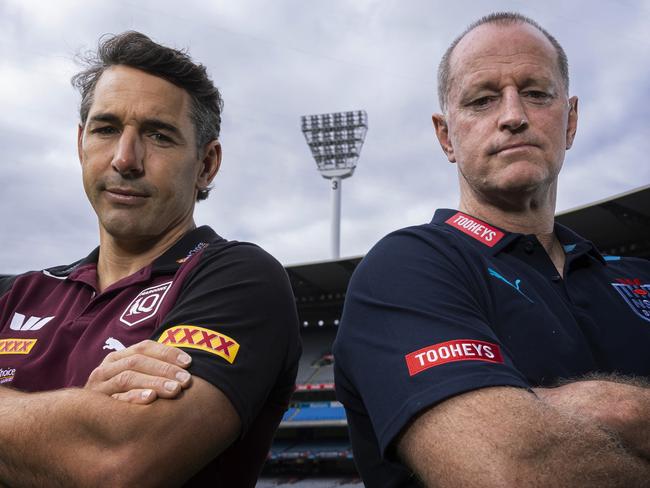 MELBOURNE, AUSTRALIA - APRIL 16: QLD Maroons head coach Billy Slater and NSW Blues head coach Michael Maguire pose for a photograph during the 2024 State of Origin Series Launch at Melbourne Cricket Ground on April 16, 2024 in Melbourne, Australia. (Photo by Daniel Pockett/Getty Images)