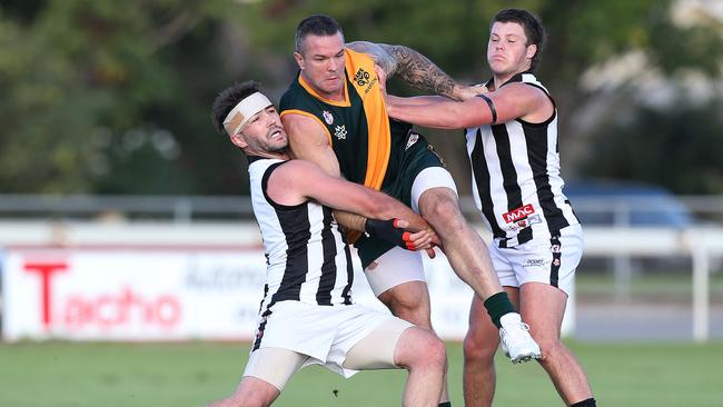 Marion’s Jason McBride pictured last season in the SFL against Reynella. Picture: Stephen Laffer.