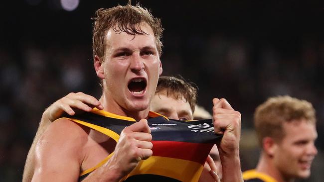 Jordan Dawson after his matchwinning goal in the Showdown. Picture: Sarah Reed/AFL Photos