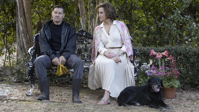 Joel Edgerton and Sigourney Weaver on the set of Master Gardener. Photo: Bonnie Marquette