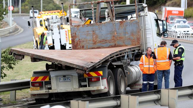 The truck that lost its container on the Tasman Bridge. Picture: SAM ROSEWARNE