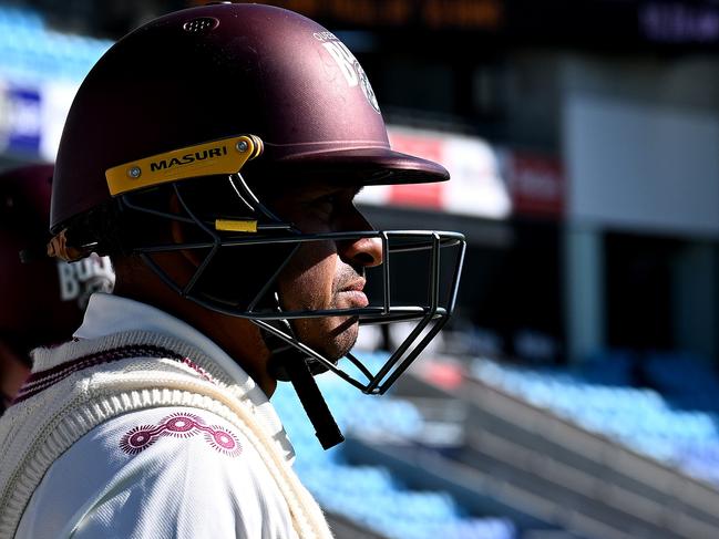 HOBART, AUSTRALIA - MARCH 09: Usman Khawaja of Queensland prepares to take the field during the Sheffield Shield match between Tasmania and Queensland at Blundstone Arena, on March 09, 2025, in Hobart, Australia. (Photo by Steve Bell/Getty Images)