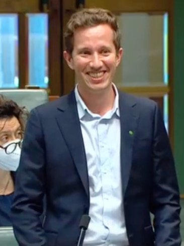 Max Chandler-Mather, 30, was preparing to ask a question about public housing on Wednesday when he was called out for not wearing a tie. Picture: TikTok/ Australians Greens.
