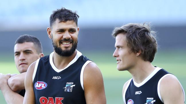 Tom Rockliff, Paddy Ryder and Jared Polec at Port’s captains run last week. Picture Sarah Reed