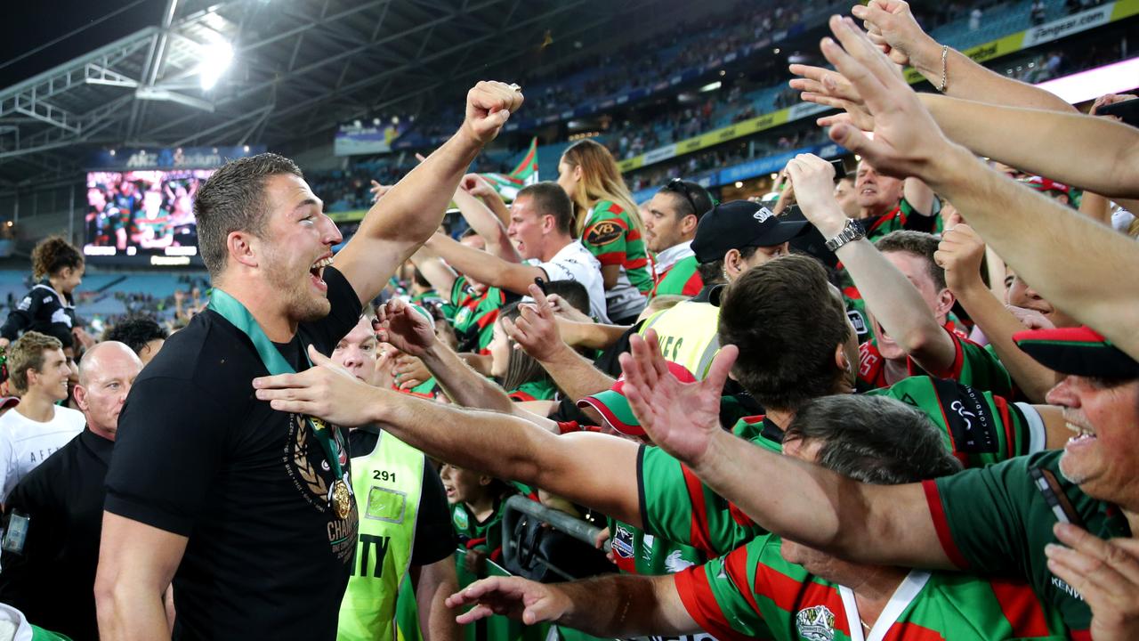 Sam Burgess celebrates after the 2014 Grand Final with Souths fans. Picture: Gregg Porteous.