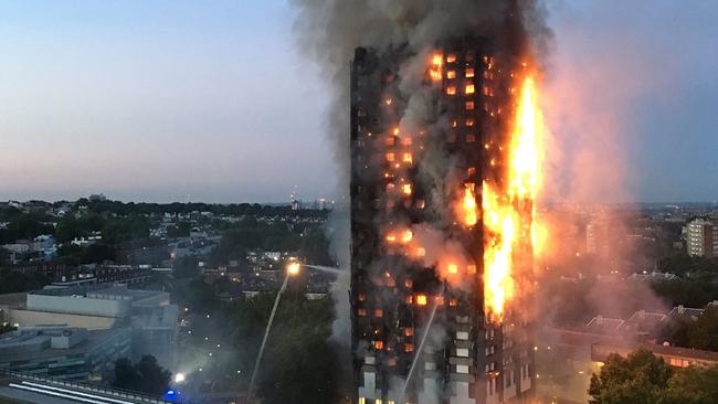 Flames and smoke coming from Grenfell Tower, a 27-storey block of flats, after the deadly blaze broke out in west London. Picture: AFP