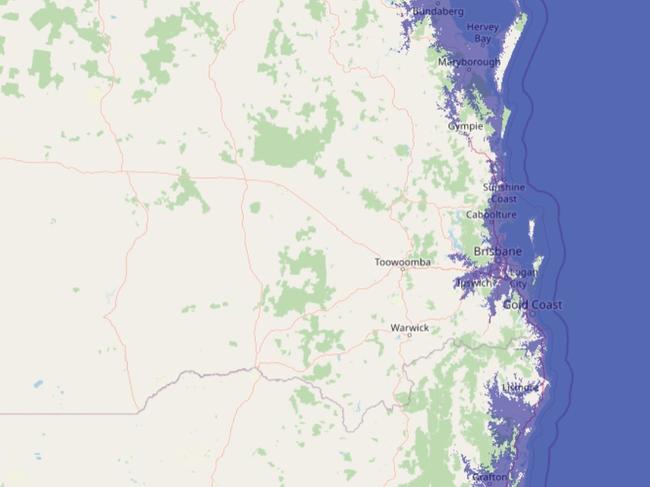 Brisbane if sea levels rose by 60+ metres. Picture: flood.firetree.net