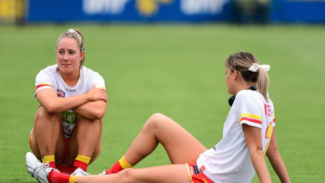 Jacqui Yorston and Lauren Bella of the Suns chat at warmup during the 2020 AFLW Round 06 match between the West Coast Eagles and the Gold Coast Suns at Mineral Resources Park on March 15, 2020 in Perth, Australia. (Photo by Daniel Carson/AFL Photos via Getty Images)