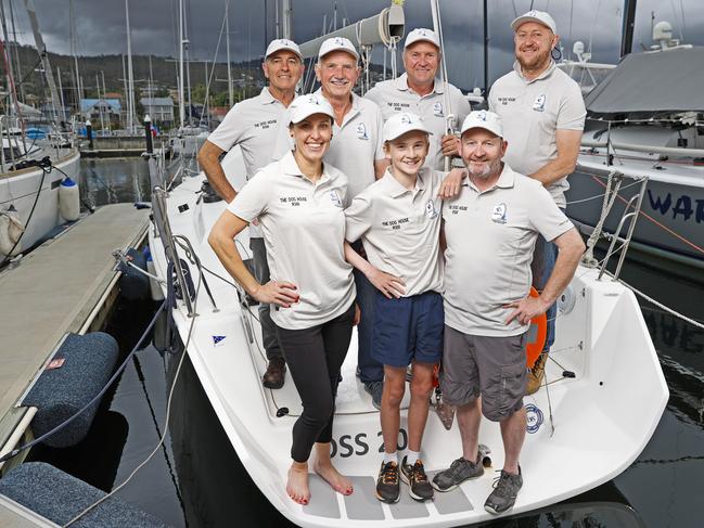 Crew from boat The Dog House who will be competing in the Launceston to Hobart (front) Charlotte Frankcombe, Ben Coad, 13, and Peter Coad and (rear) Roger Masters, Ambrose Coad, Steve McConaghy and David O'Neill. Picture: Zak Simmonds