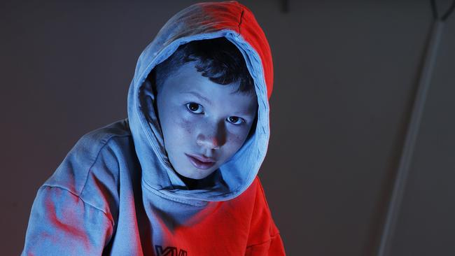 Pablo James, 8, pictured at his home where he has played "Roblox" on his iPad in the middle of night. Picture: Sam Ruttyn