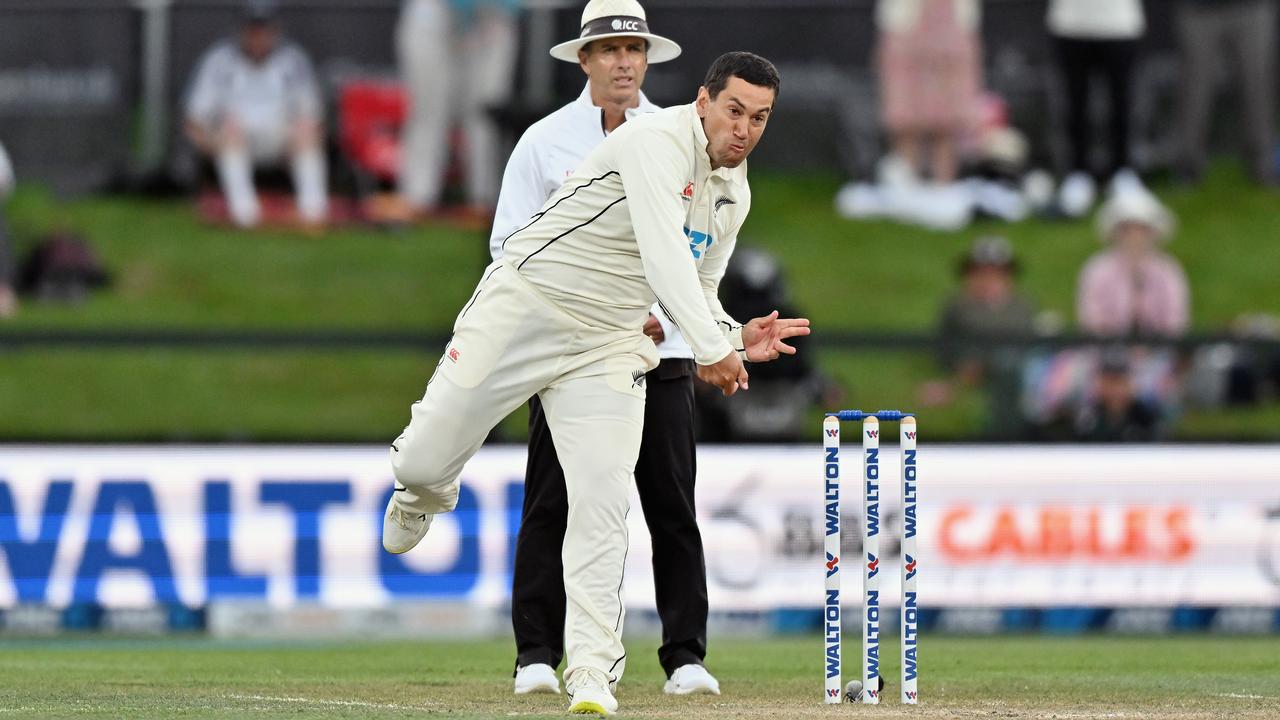 Ross Taylor of New Zealand bowling in his last Test match. Photo by Kai Schwoerer/Getty Images