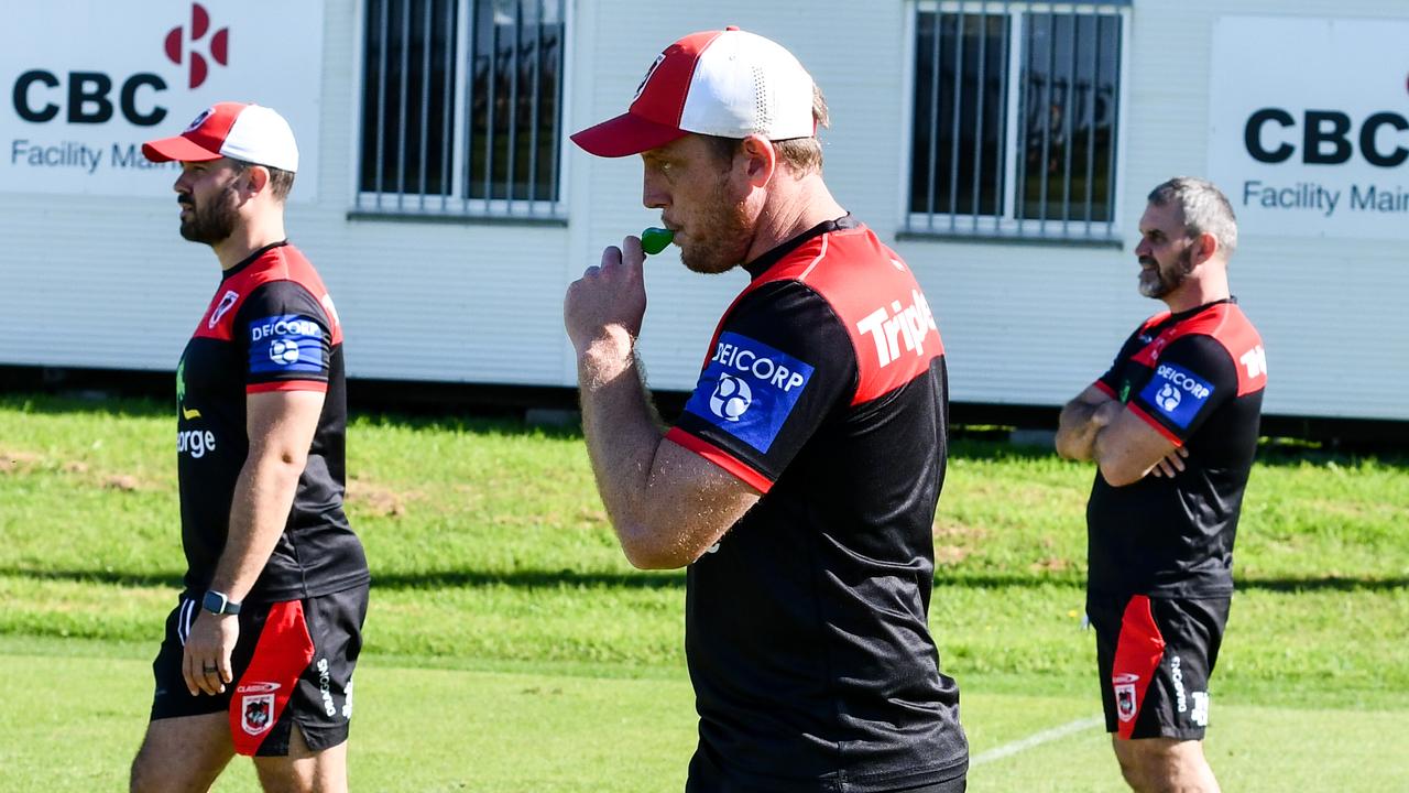 Ryan Carr takes charge of his first training session as interim coach of the Dragons. Credit: Supplied.