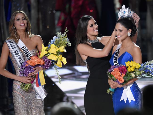 Keeping it together ... Miss Philippines 2015, Pia Alonzo Wurtzbach, reacts as she is crowned the 2015 Miss Universe. Picture: Getty