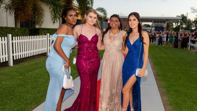 Jayla Yasserie, Aprile Benson, Kianna Warcon Kobe Wilkinson at Mackay State High School formal 2022.Picture: Michaela Harlow