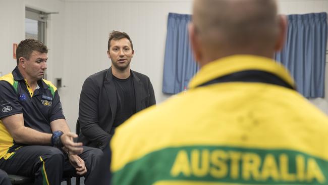 Australian Olympic swimming legend Ian Thorpe speaks with the Australian Invictus Games swimming team at the Sydney Academy of Sport and Recreation.