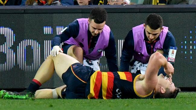 Josh Jenkins of the Crows receives treatment before being stretchered off in the dying minutes of the Round 13 win against Richmond. Picture: AAP Image/Sam Wundke