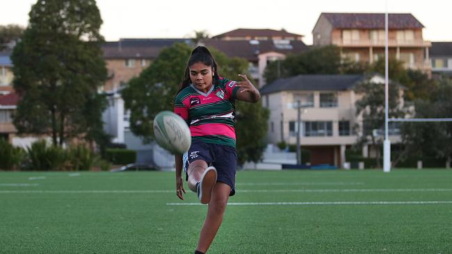 Akira Kelly from the South East Magic Rugby Club at the official opening of the council's second synthetic field, at Latham Park, South Coogee.