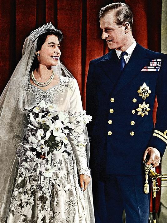 Princess Elizabet and Lieutenant Philip Mountbatten after their wedding ceremony in 1947.