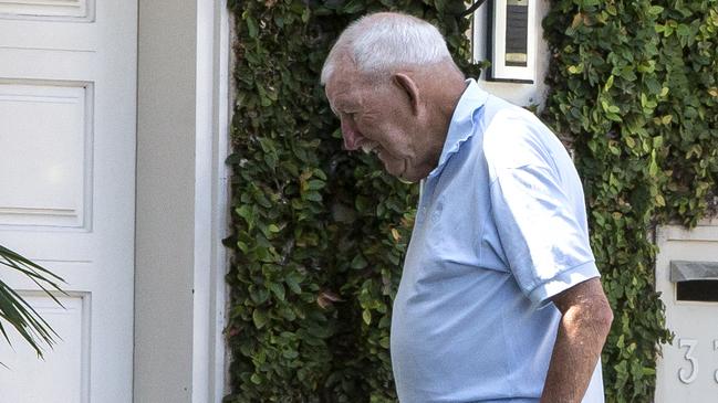 Ron Brierley did not comment during a brief appearance outside his Point Piper home, in Sydney’s east, on Wednesday. Picture: Damian Shaw