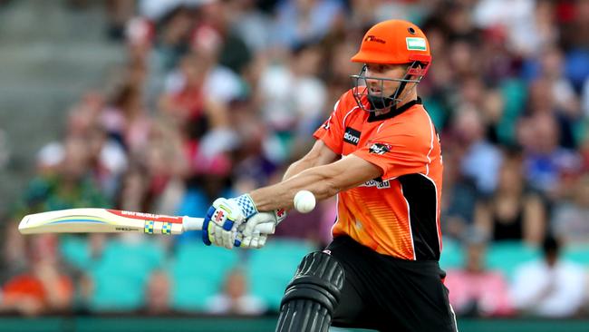 Perth's Shaun Marsh sweeps during the BBL T20 game between the Sydney Sixers vs. the Perth Scorchers at the SCG. Picture: Gregg Porteous