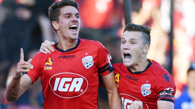 George Blackwood and Scott Galloway celebrate a point saved. (AAP Image/David Mariuz) 