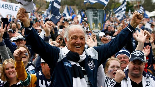 Frank Costa of Geelong celebrates with the fans during the Geelong Cats AFL Grand Final reception at Skilled Stadium on September 27, 2009. (Photo by Quinn Rooney/Getty Images)