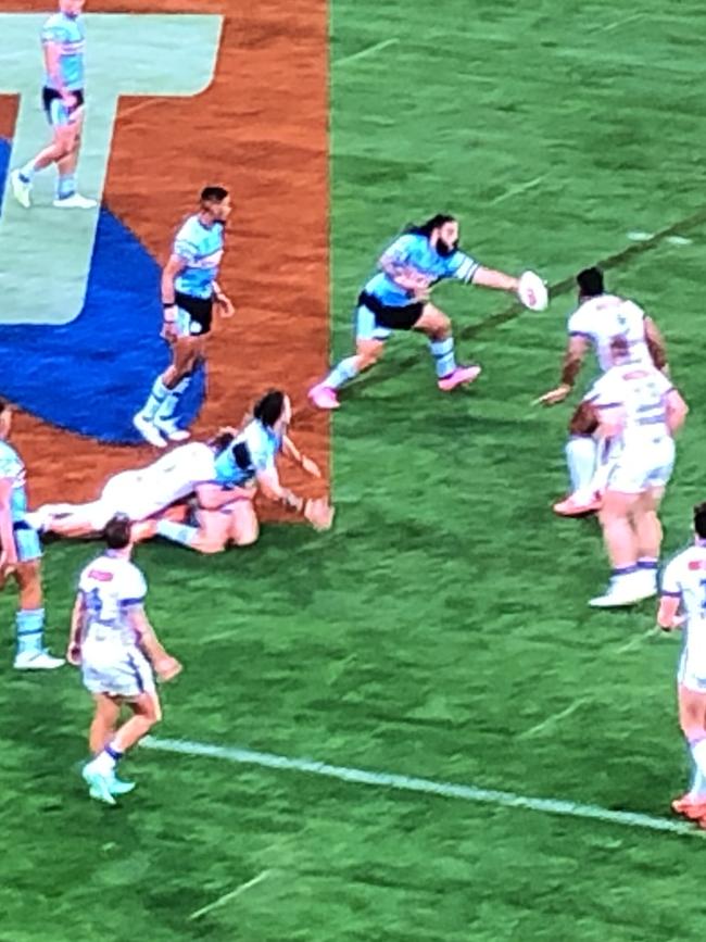 Nicho Hynes throws a poor pass to Siosifa Talakai in the first half against Melbourne. Picture: Fox League