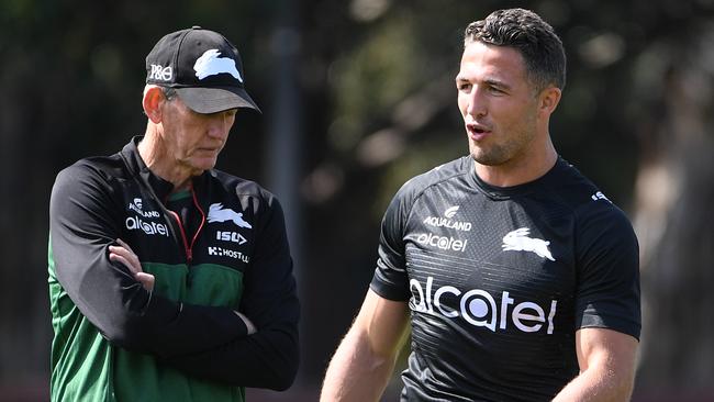 Wayne Bennett chats with Sam Burgess at a Rabbitohs training session last season. Picture: AAP