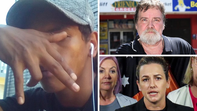 NT Chief Minister Lia Finocchiaro, lower right, will strengthen bail laws after police arrested a Darwin teenager, main picture, who allegedly stabbed to death supermarket owner Linford Feik, upper right. Pictures: various sources