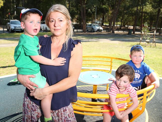 Kimberley Rubbo refuses to pay for parking when she takes her children Alexander, 3, and twins Nicholas and Dominic, aged 2, to Buffalo Creek Reserve. Picture: Tim Hunter