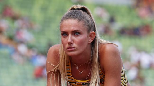 MUNICH, GERMANY - AUGUST 16: Alica Schmidt of Germany looks on prior to competing in the Women's 400m Semifinal 3 on day 6 of the European Championships Munich 2022 at Olympiapark on August 16, 2022 in Munich, Germany. (Photo by Alexander Hassenstein/Getty Images)