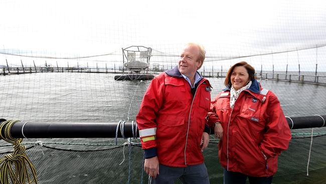 Peter and Frances Bender on one of their off-shore sea pens in Storm Bay, east of Bruny Island.