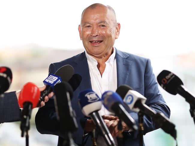 SYDNEY, AUSTRALIA - OCTOBER 17: Wallabies head coach Eddie Jones speaks to the media during a Rugby Australia press conference at Coogee Oval on October 17, 2023 in Sydney, Australia. (Photo by Mark Metcalfe/Getty Images)