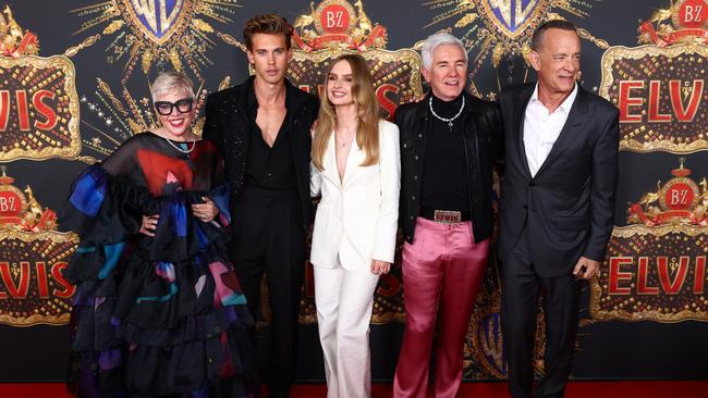 Catherine Martin, Austin Butler, Olivia DeJonge, Baz Luhrmann and Tom Hanks attend the Australian premiere of ELVIS at Pacific Fair last year. Picture: Chris Hyde/Getty Images