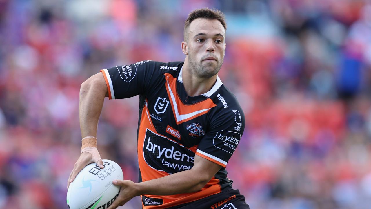 NEWCASTLE, AUSTRALIA - MARCH 28: Luke Brooks of the Tigers in action during the round three NRL match between the Newcastle Knights and the Wests Tigers at McDonald Jones Stadium on March 28, 2021, in Newcastle, Australia. (Photo by Ashley Feder/Getty Images)