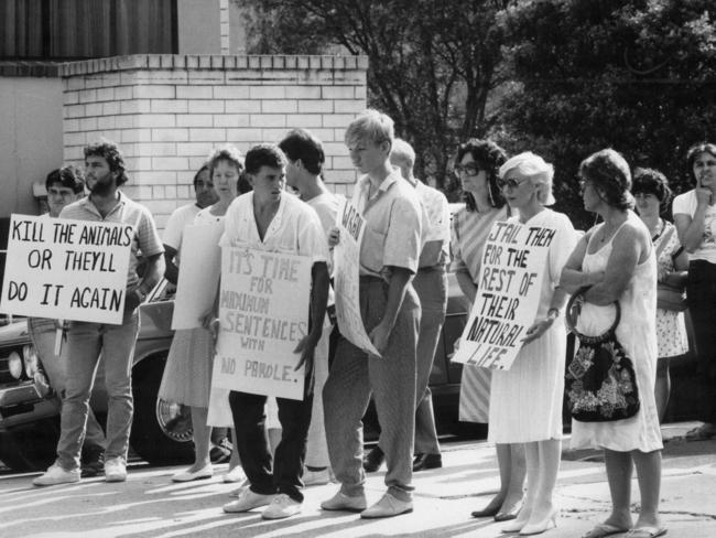 Angry crowd at Bankstown court when three of Anita Cobby’s killers were initially charged with her murder.