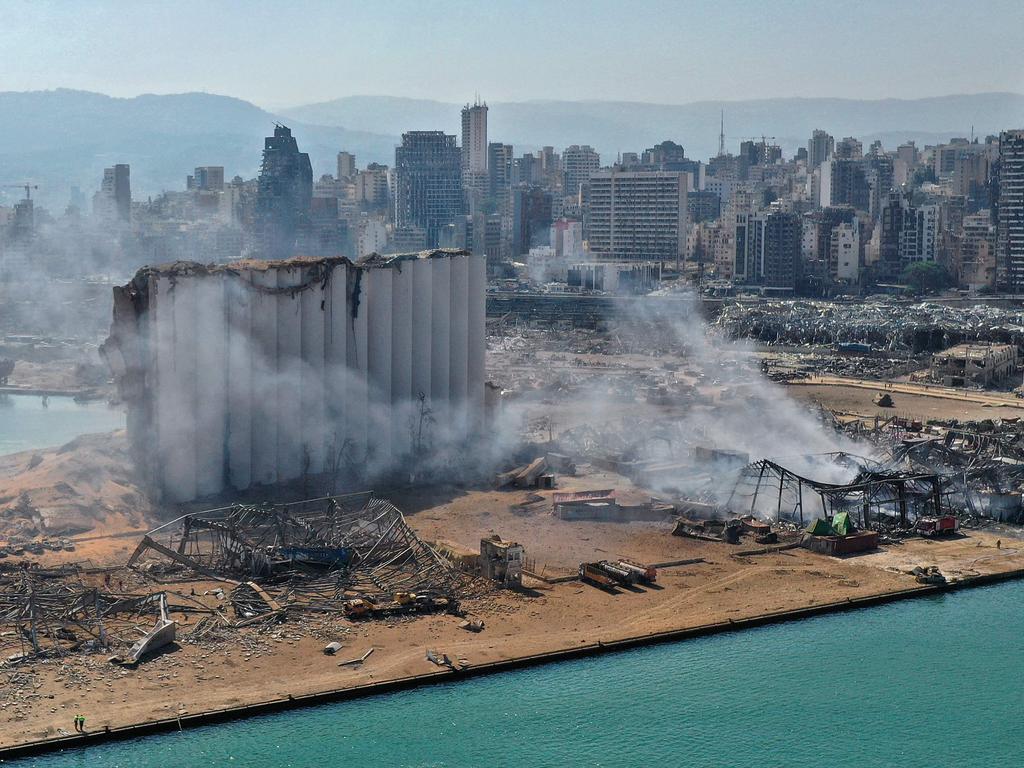 An aerial view shows the massive damage done to Beirut port's grain silos and the surrounding areas. Picture: AFP