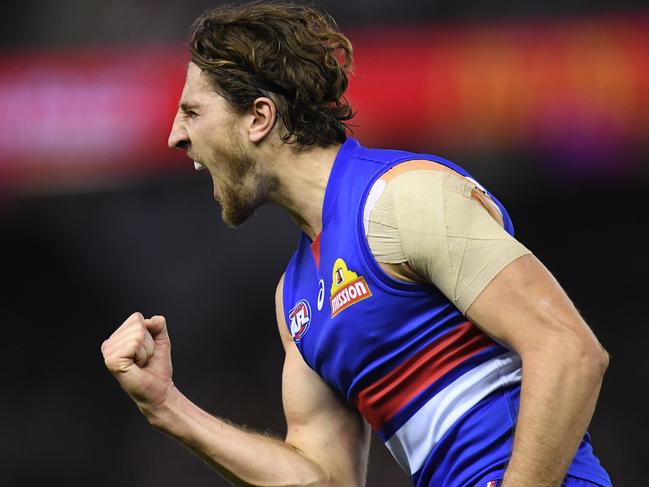 Marcus Bontempelli of the Bulldogs reacts after kicking a goal during the Round 7 AFL match between the Western Bulldogs and the Richmond Tigers at Marvel Stadium in Melbourne, Saturday, May 4, 2019. (AAP Image/Julian Smith) NO ARCHIVING, EDITORIAL USE ONLY