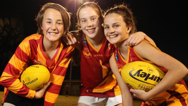 Morphettville Park Football Club players Kade Crosby, Natasha Allison and Tayla Farrelly. Picture: Stephen Laffer