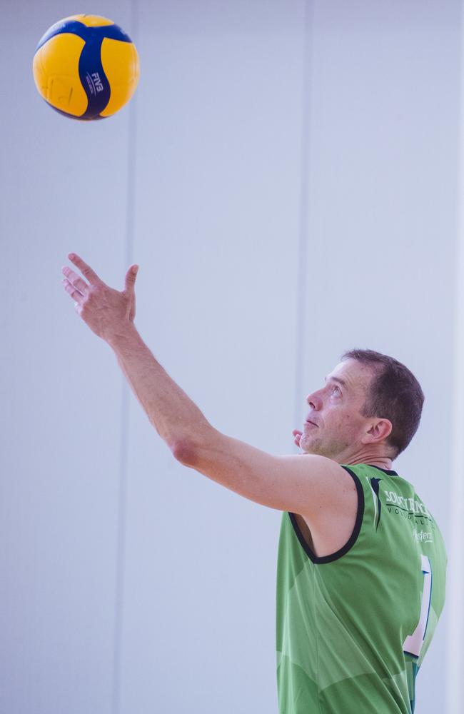 Action as Sparta v the Crippled Wombats in the Pan Pacific Masters Games Volleyball tournament. Picture: Glenn Campbell