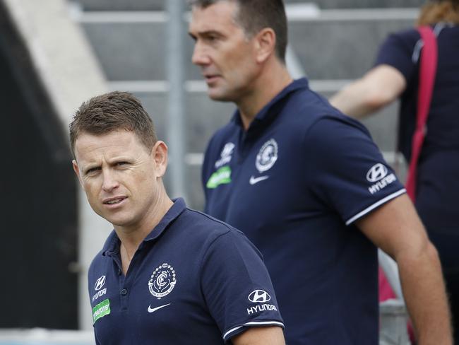 Carlton list manager Stephen Silvagni and coach Brendan Bolton. Picture: Michael Klein