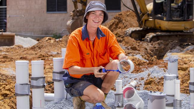 Apprentice plumber, Mia Flint, 20, on a construction site. Picture: Jerad Williams