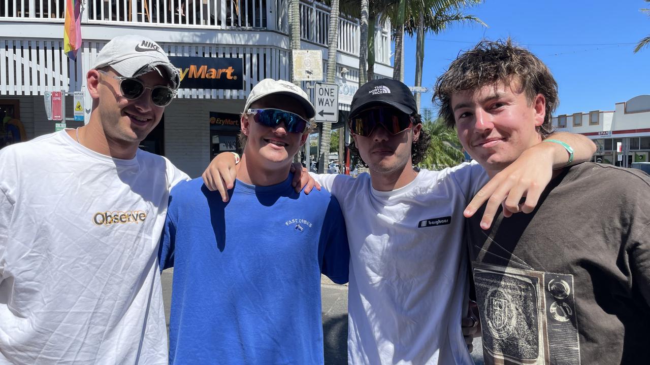 Kane Reid, 18, Lachie Allan, 18, Freddie Day, 18, and Ted Middleton, 18, at Byron Bay Schoolies celebrations. Picture: Sam Stolz