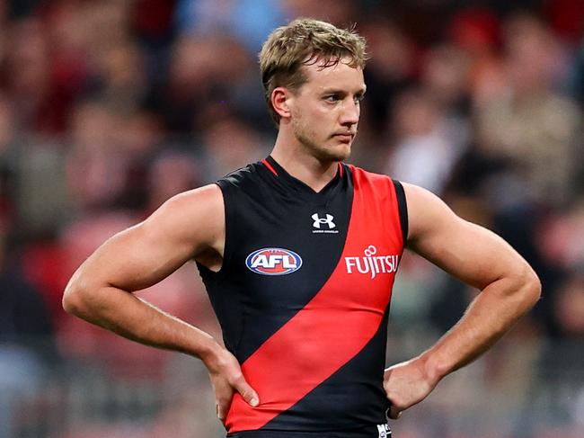 SYDNEY, AUSTRALIA - AUGUST 19: Darcy Parish of the Bombers reactsduring the round 23 AFL match between Greater Western Sydney Giants and Essendon Bombers at GIANTS Stadium, on August 19, 2023, in Sydney, Australia. (Photo by Brendon Thorne/AFL Photos/via Getty Images)